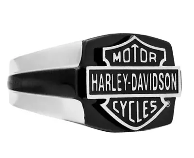 Harley Davidson Men's Black & Steel Bar & Shield Signet Ring HSR0017 • $54.36