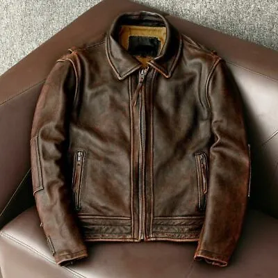 Men’s Motorcycle Vintage Cafe Racer Distressed Brown Biker Real Leather Jacket • $107.89