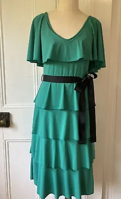 Leona Edmiston Size 8 XXS Green Ruffle Rara Sheath Dress Tiered Skirt Short Slee • $40