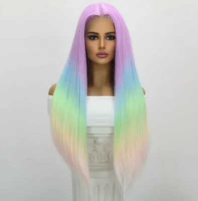 Custom HD Lace Front Wig Custom Layered Platinum Blonde Rainbow Mermaid Human  • $399