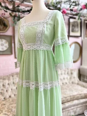 Vintage 1970s Nadine Pastel Green Swiss Dot With Lace Prairie Dress Size Small • $60