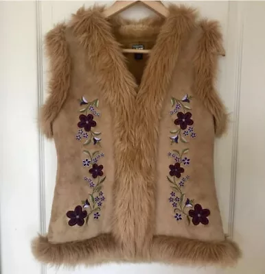 Embroidered 70s Style Tan Faux Suede Girls Me Too Fur Vest Size XL • $24.99