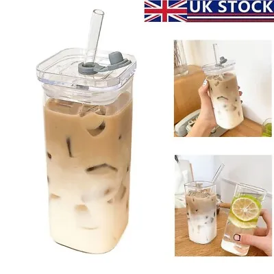 400ml Clear Glass Cup With Lid And Straw Transparent Milk Coffee Mug Tea Cup UK • £10.25