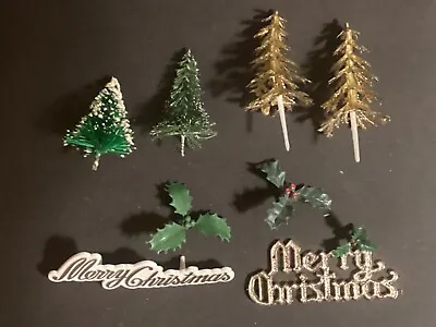 Vintage Christmas Cake Toppers Decorations Trees Holly Merry Christmas • £10