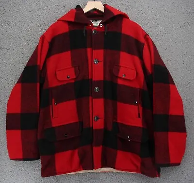 VTG Johnson Woolen Mills Jacket Men XL Red Plaid Hunting Mackinaw Hood Cruiser • $191.99