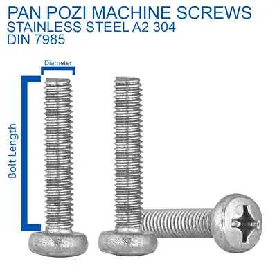 M4 M5 M6 Pozi Pan Head Screws Machine Screws A2 Stainless Steel - Din 7985 • £0.99