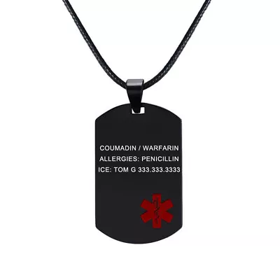 Free Engraving Medical Alert ID Dog Tag Pendant ICE Men Necklace Black Emergency • £6.47