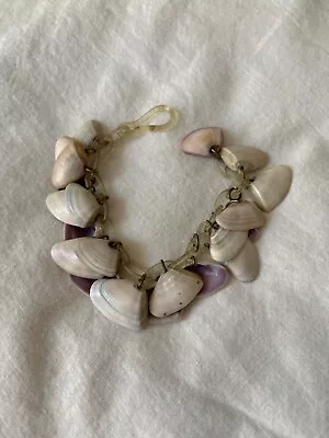 Vintage 1940s Shell Bracelet | Celluloid Chain | White Purple | Hawaiian Summer • $25