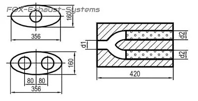 Univers. Silencer Stainless Oval 356x160 Y-Tube L:420mm IN/Out 1x70/2x60mm • $393.45