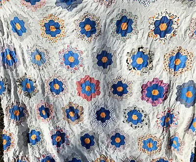 Vintage Handmade Quilt Grandma Flower Garden Fd Sack 80X74 Honeycomb Unfinished • $120