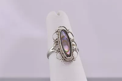 Sterling Silver Lacy Scrolled Looped Bezel Abalone Band Ring 925 Sz: 5 • $18.50