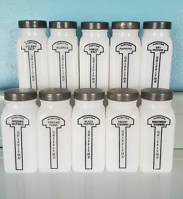 Vintage Set Of 10 Milk Glass Griffith's Spice Jars Black Label • $19.95