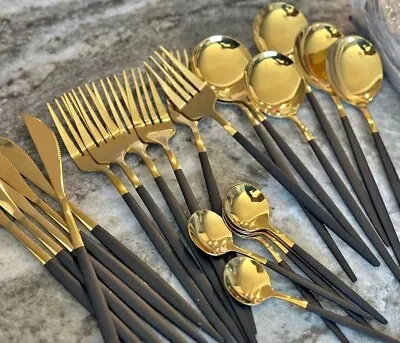 24 Piece Black And Gold Stainless Steel Silverware Set • $13