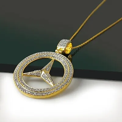 1.80ct Round Cut Simulated Diamond Mercedes Benz Pendant 14K Yellow Gold Plated • $159.99