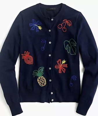 32. J. Crew Cardigan Sweater Navy Blue Button Down Emboirdered Fruit Jackie XL • $62