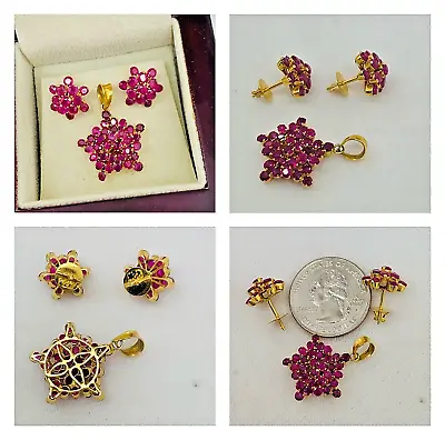 Vintage 22k 22ct Yellow Gold Ruby Earring & Pendant India Necklace Set Beautiful • $474