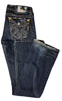 MeK Denim Oaxca Womens 27x34 Blue Denim Jeans Bootcut Thick Stitch Distressed • $28.50