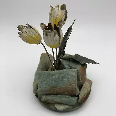 Vtg Art Of Frank Mosse Enameled Tulip Flowers Sculpture On Natural Rock Yellow • $14.99