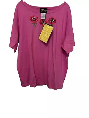 Bob Mackie Wearable Art ~ Embroidered Floral Pink Cotton T Shirt ~ Size 2x ~ NWT • $22