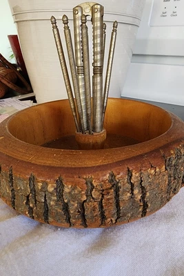 $13.10 • Buy Vintage Mid Century Real Wood And Bark Bowl Nut Cracker Set W Pick Tools