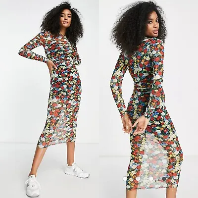 ASOS DESIGN Long Sleeve Midi Dress In Bright Floral Mesh Size 12 • $25.99