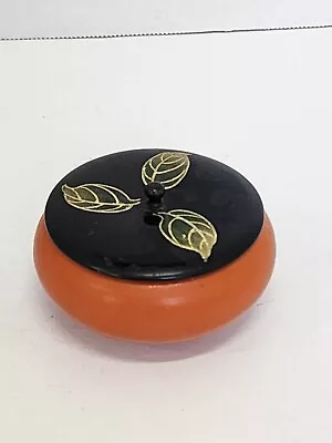 Vintage Trinket Box Dish Round Orange Black Lacquered Gold Leaf Design Lid • $14