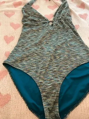 NEXT Swimsuit Size 22 Blue Metallic Halter Lined No Pads VGC Glittery Aqua • £7.99
