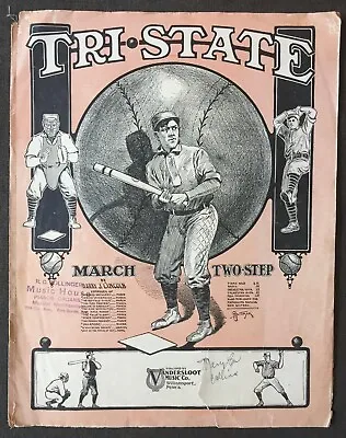 1906 Large Format Sheet Music Tri State March & Two Step Art Cover Baseball HTF  • $49.99