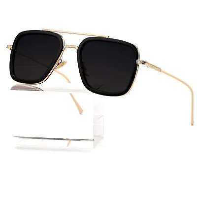Vintage Gold Metal Frame Aviator Tony Stark Men Women Square Black Sunglasses • $15.99