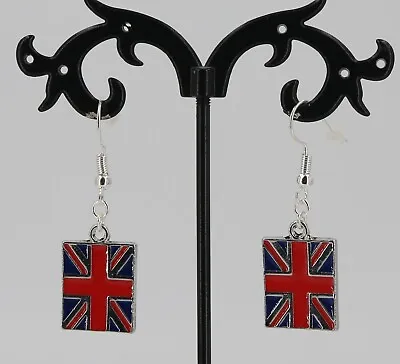 Great Britain Union Jack Red Blue Silver Enameled Alloy Hooked Earrings • £2.75