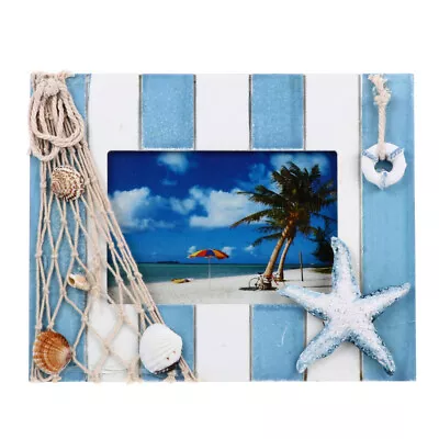 Nautical Wood Photo Frame With Shell Decor - Blue White • £13.59