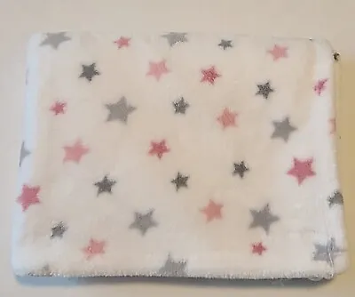 Little Miracles  White Fleece Baby Blanket Pink Gray Stars  • $20