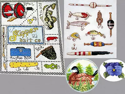 Fishing Sampler Vintage Fishing Lures Duck In Round Pansy CROSS STITCH PATTERNS • $3.50