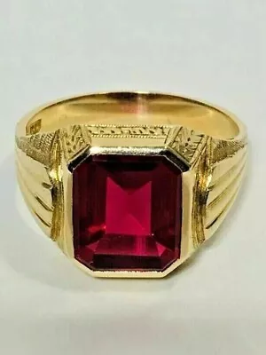 Vintage 4Ct Lab-Created Red Ruby Men's Wedding Ring 14K Yellow Gold Finish • $84.99