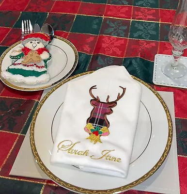 £4 • Buy Pink And Grey Tartan Stag Cotton Damask Personalised Christmas Napkins