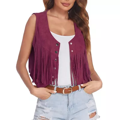 Womens Vintage Fringe Vest Faux Suede Tassel Sleeveless Jacket Waistcoat Punk • £9.88