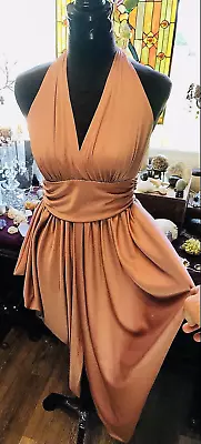 Vintage 70's Shimmer Peaches Disco Bohemian Flare Side Drape Plunge Halter Dress • $32