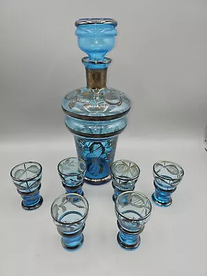 Beautiful Turquoise Liquor Decanter With Six Glasses Silver Overlay Italy Murano • $69.99