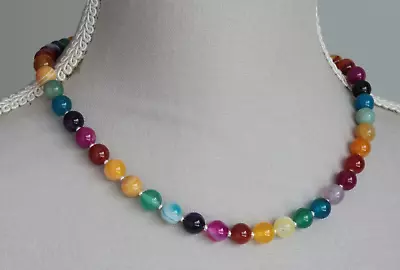 Rainbow Coloured Agate Necklace 8mm Rounds ~ Sterling Silver 18  • £19.99