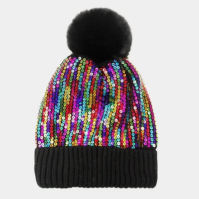 NEW Multi-Color Sequin Embroidered Fold Over Beanie Hat W/ Large Fluffy Pom Pom • $21.95