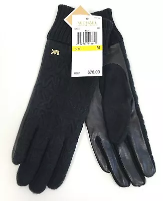 Michael Kors Women's Quilted Logo Knit Gloves With Leather Trim Black Size M • $39.99