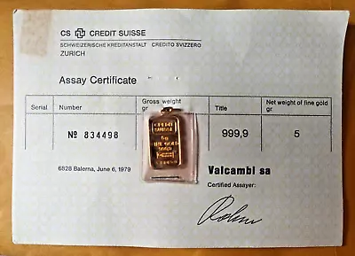 5 Gram Credit Suisse 9999 Fine Gold Bar With Bezel -1979  Assay Certificate • $475