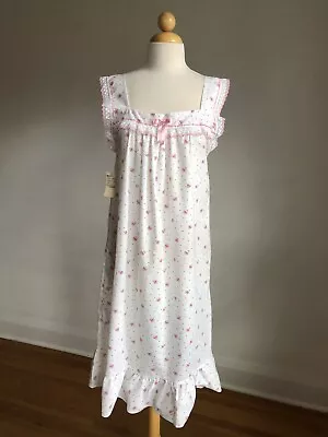 GORGEOUS VTG NWT White W/ Pink Flowers & Lace Trim Cotton Nightgown SZ M • $42