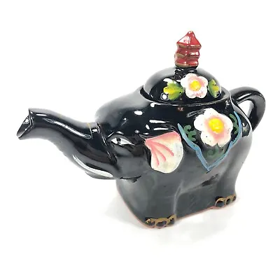 VTG Japan ? RARE MCM Black Elephant Teapot W/ Lid Redware Flowers 5 1/4-in High • $29.95