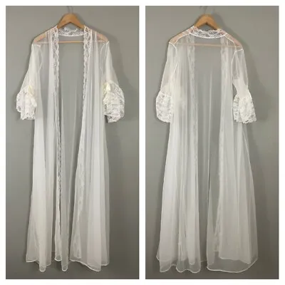 $34 • Buy Vintage Val Mode Size L Sheer Long Chiffon White Robe Gown Lingerie Peignoir Bow