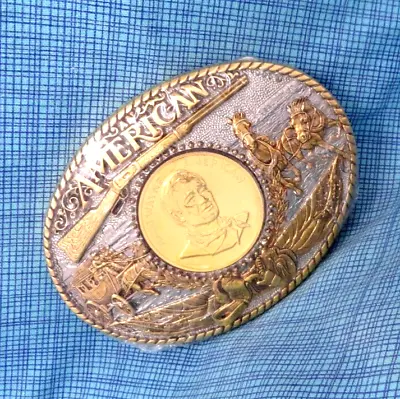 John Wayne American Belt Buckle Western Hero Coin GP SP NOS Brass Vtg ADM.QRT091 • $59.99