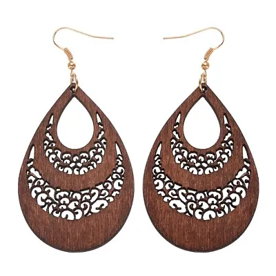 Brand New Cutout Wood Moroccan Statement Earrings Women Hollow Teardrop Jewelry • $2.48