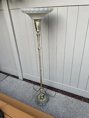 Antique Silver Floor Lamp Art Deco Torchiere Ornate W/Green Onyx 16  Glass Shade • $349.97