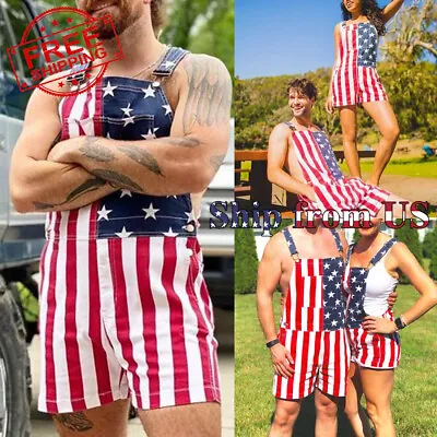 $18.99 • Buy Men's & Women's Overalls USA America Flag Print Bib Pants Jumpsuit Romper Shorts
