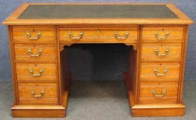 Edwardian Oak 9 Drawer Pedestal Desk With Green Leather Top • £550